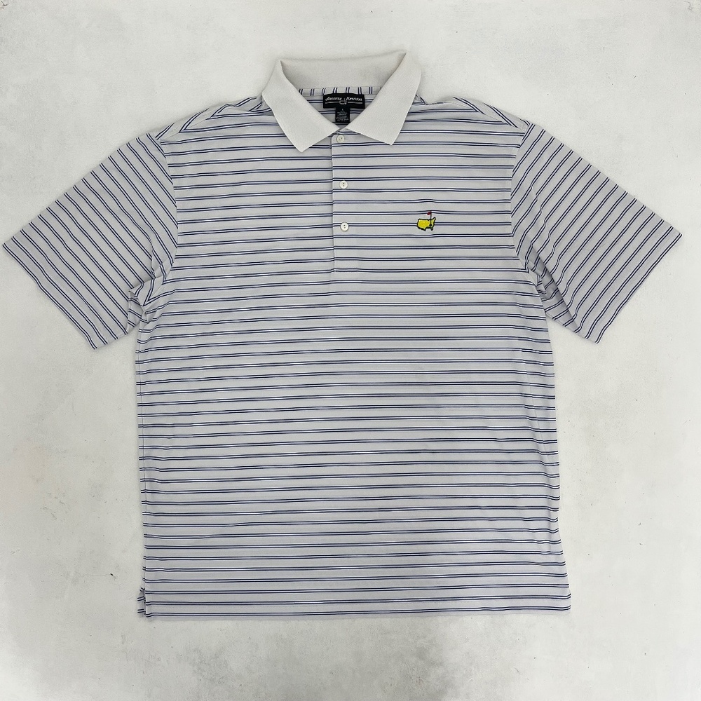 Augusta National Mens Size L Golf Polo Shirt White Blue Striped Short Sleeve